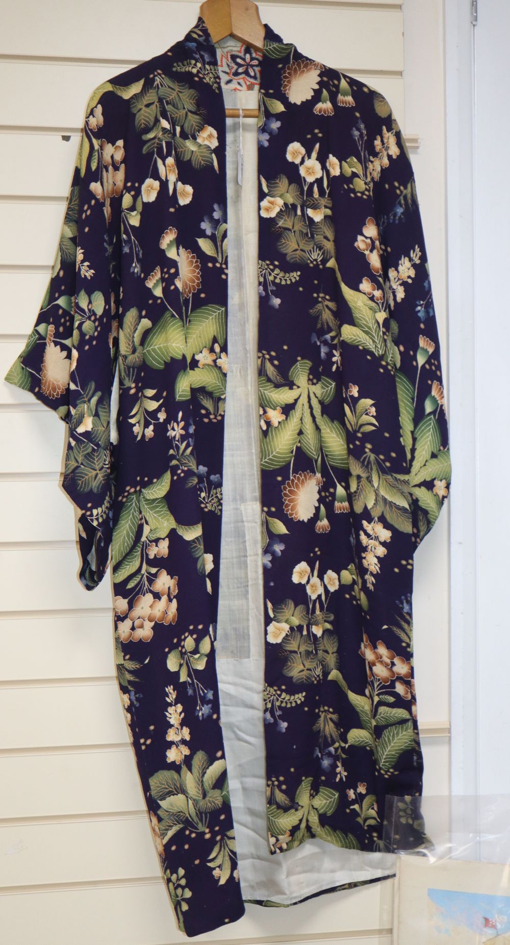 A 1930s crepe de chine printed floral kimono with silk lining